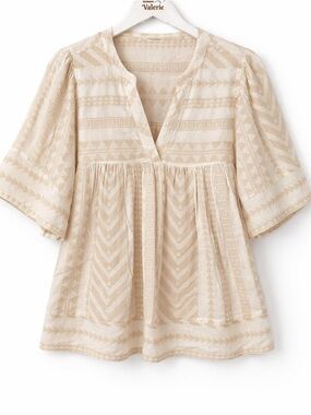 Old Navy Split Neck Textured Top Blouse Size Medium Cotton Boho Neutral